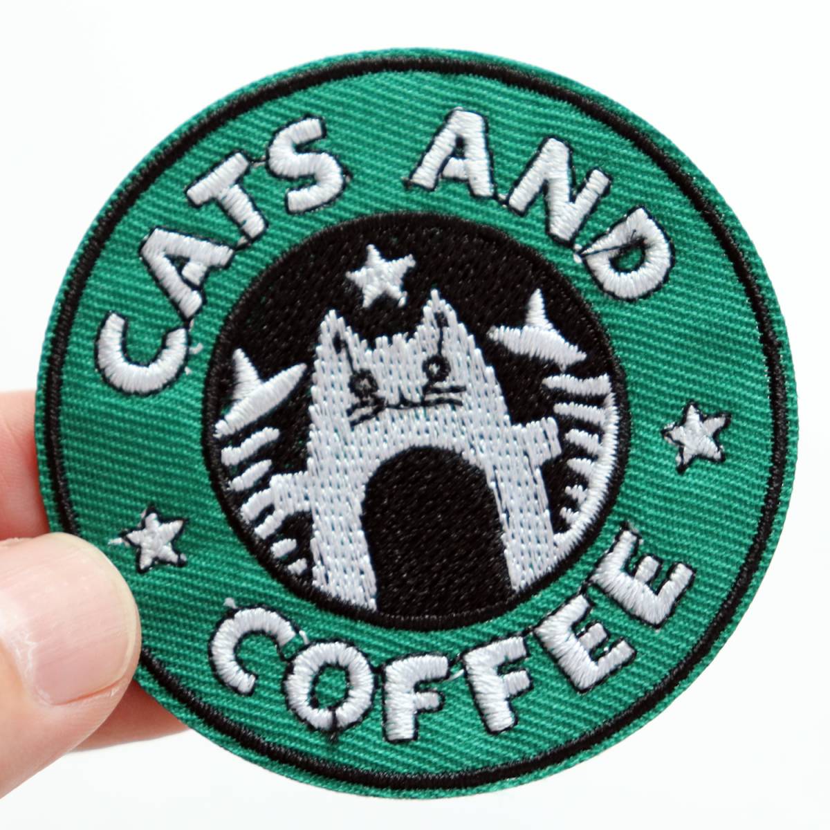 ワッペン 猫とコーヒー CATS AND COFFEE アイロン接着 説明書付き パロディ刺繍パッチ