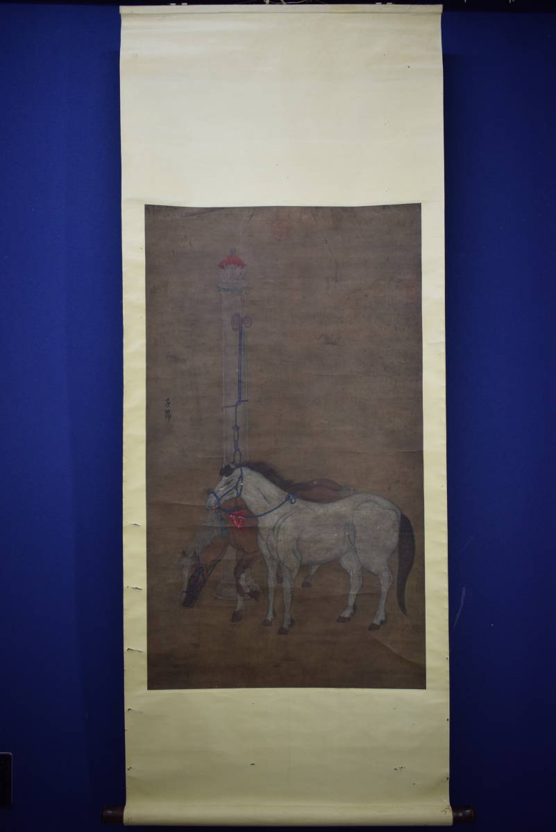 真作/子昴/馬図/中国画?/大幅/布袋屋掛軸HJ-928 真作】//子昴/馬図/中国画?/大幅/布袋屋掛軸HJ-928