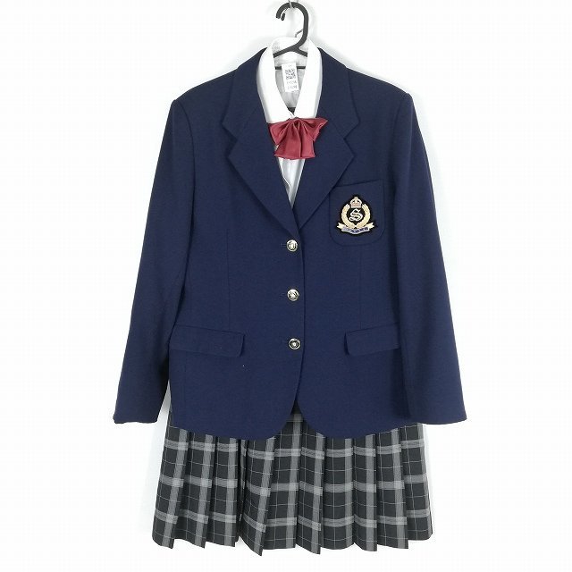 1円 ブレザー チェックスカート リボン 上下4点セット LL 大きいサイズ 冬物 女子 学生服 中学 高校 紺 制服 中古 ランクB EY0298の画像1