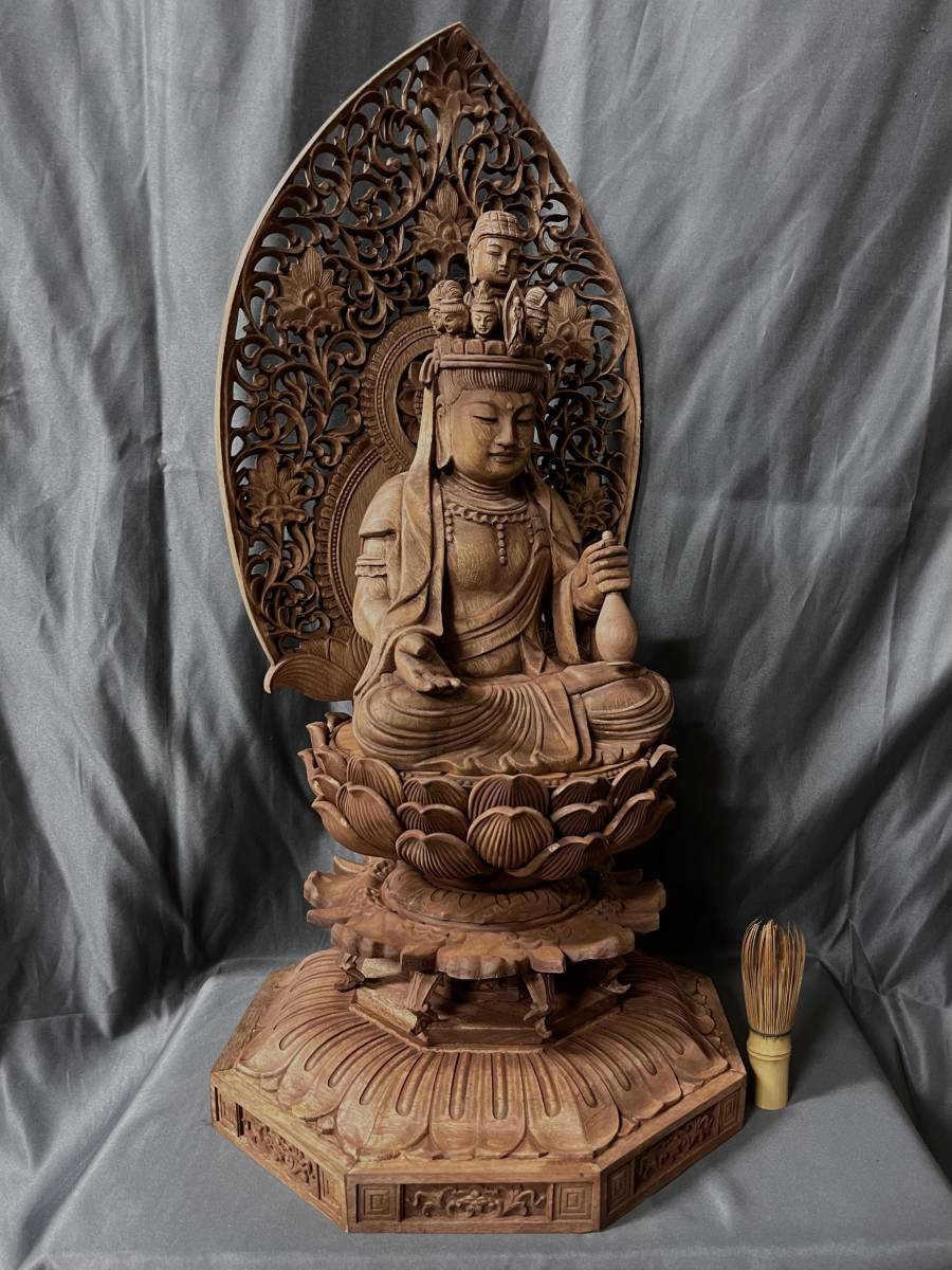 大型高62cm 仏教工芸品 楠材製 極上彫 木彫仏像 十一面観音菩薩座像 