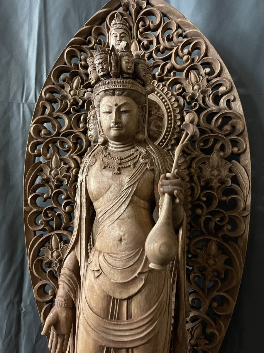 特大型高91cm 井波彫刻 仏教工芸品 総楠製 極上彫 木彫仏像 十一面観音