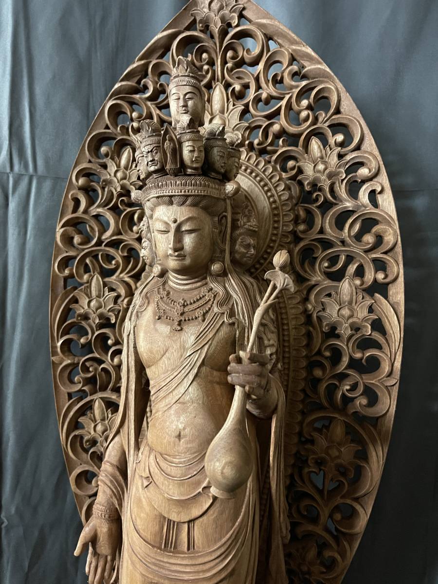 特大型高91cm 井波彫刻 仏教工芸品 総楠製 極上彫 木彫仏像 十一面観音 