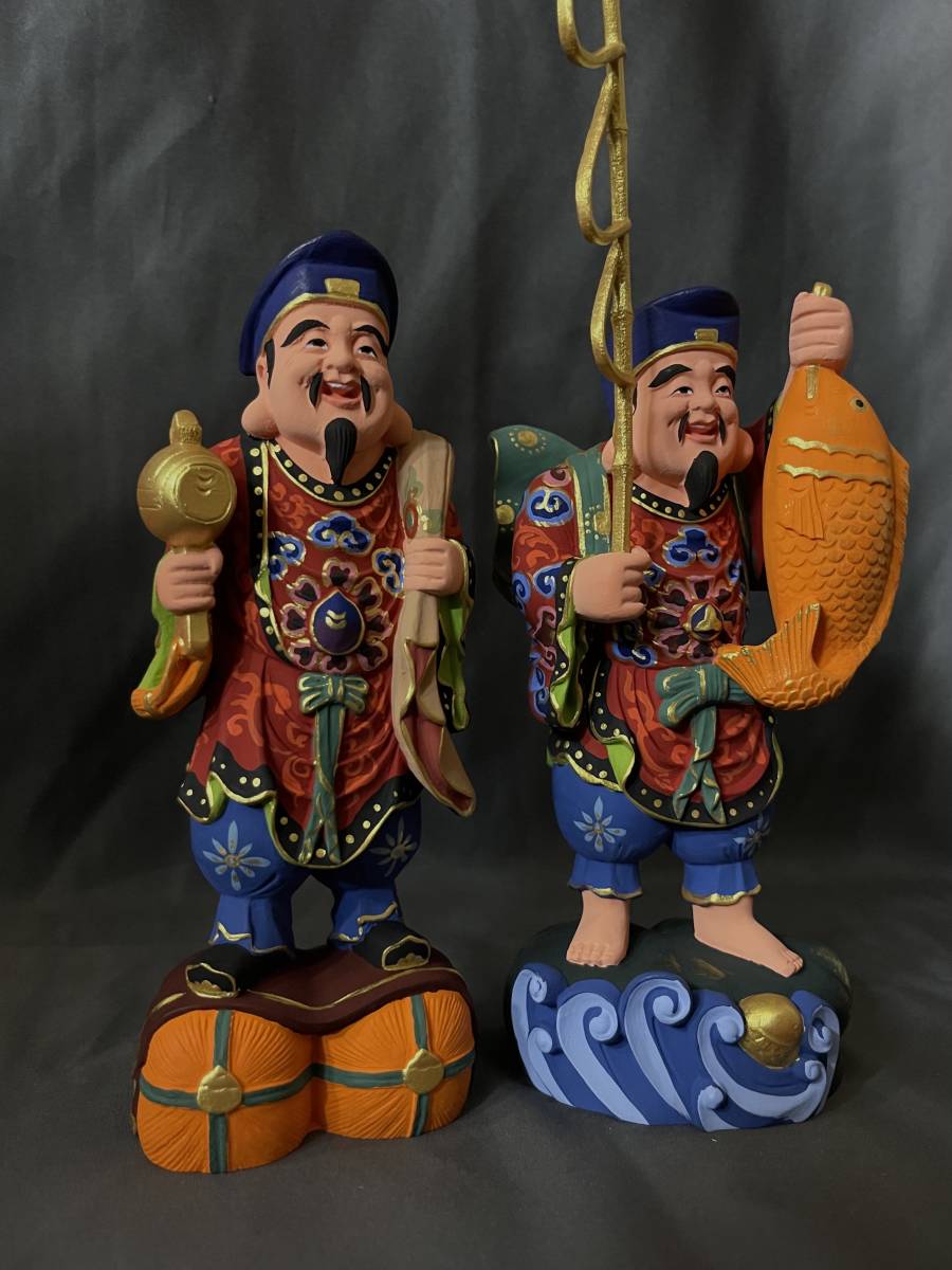 仏教工芸品 総柘植製 手書き彩金彩繪 井波彫刻 極上彫 木彫仏像 恵比寿