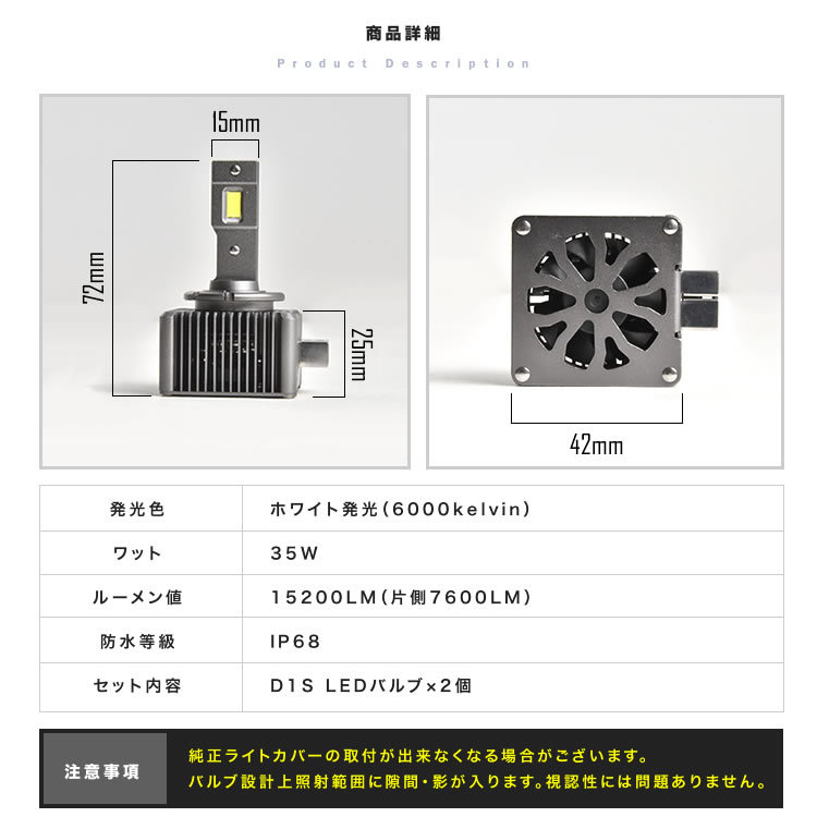 フォルクスワーゲン ゴルフヴァリアント 1KCAX/V/Z D1S LEDヘッドライト 2個セット 15200LM 6000K ホワイト発光 VOLKSWAGEN GOLF_画像4