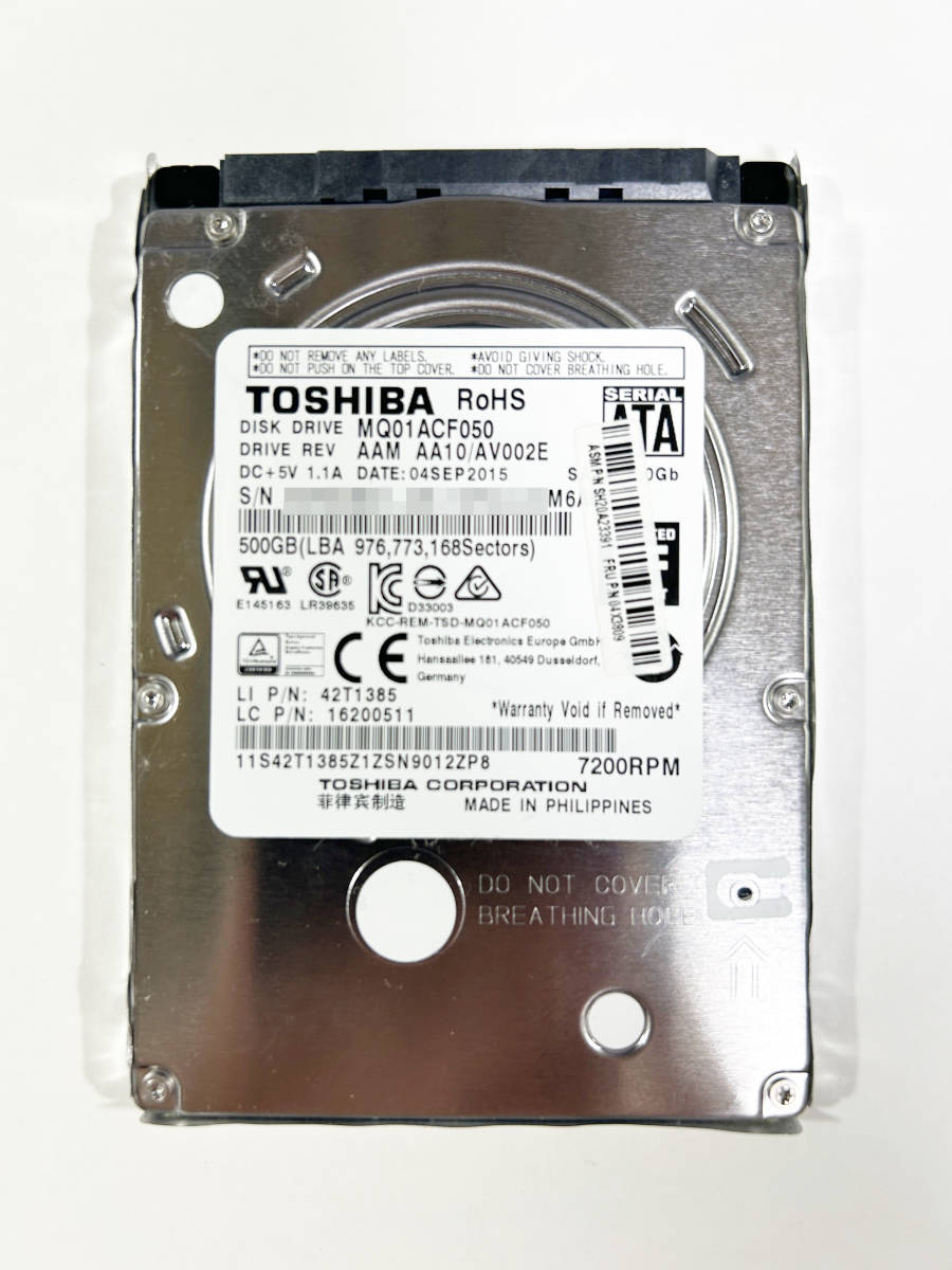 【J-510】■送料無料■ 中古 TOSHIBA HDD500GB 2.5インチ 厚さ7mm 動作保証品の画像1