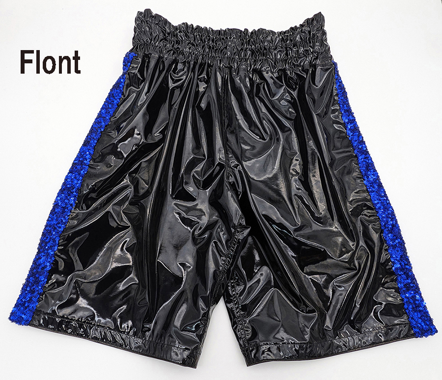 エナメル生地ボクシングトランクス】 黒/青スパン (L) 格闘技衣装 新品