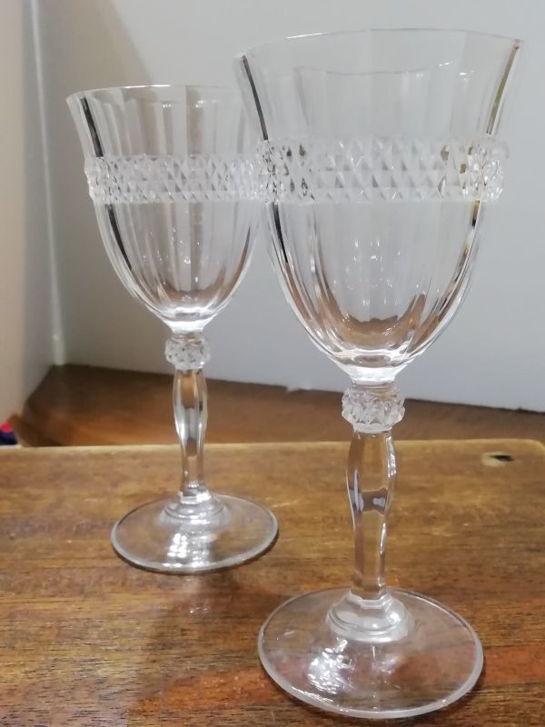 アンティーク ワイングラス 2客 シンプル ダイヤモンドカット クリスタル シャンパングラス ヴィンテージ antique wine glass 送料込み_画像1