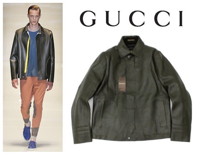 90万新品訳有◆48=M◆GUCCI グッチ カーキ×イエローレザーブルゾン1円_画像1