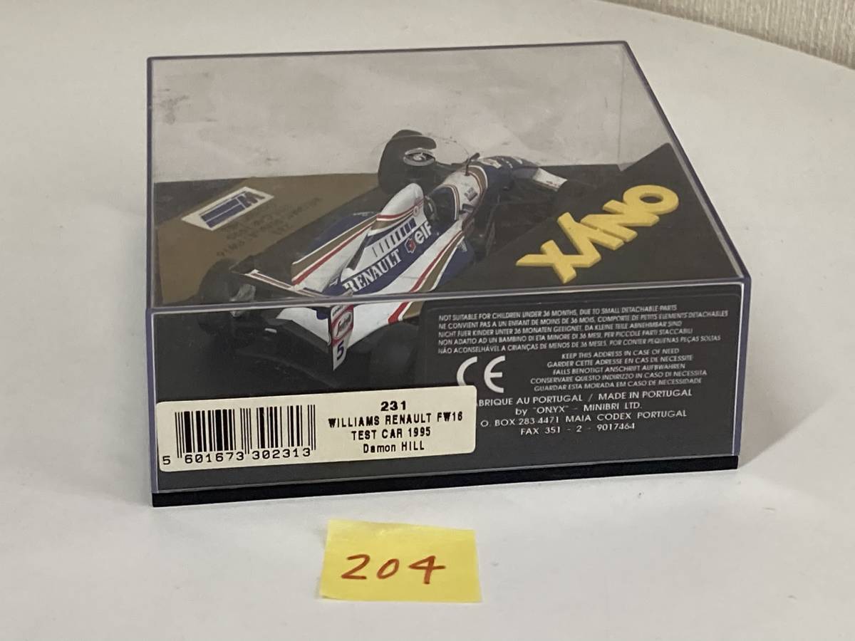 送料無料　ONYX オニキス 1/43 ウイリアムズ ルノー FW16 ヒル テストカー 1995 WILLIAMS RENAULT TEST CAR ミニカー