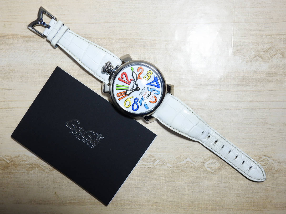 ガガミラノ マヌアーレ 手巻き 48ｍｍ 裏スケルトン マルチカラー 正規品 腕時計 稼働品 ホワイトベルト GaGa MILANO