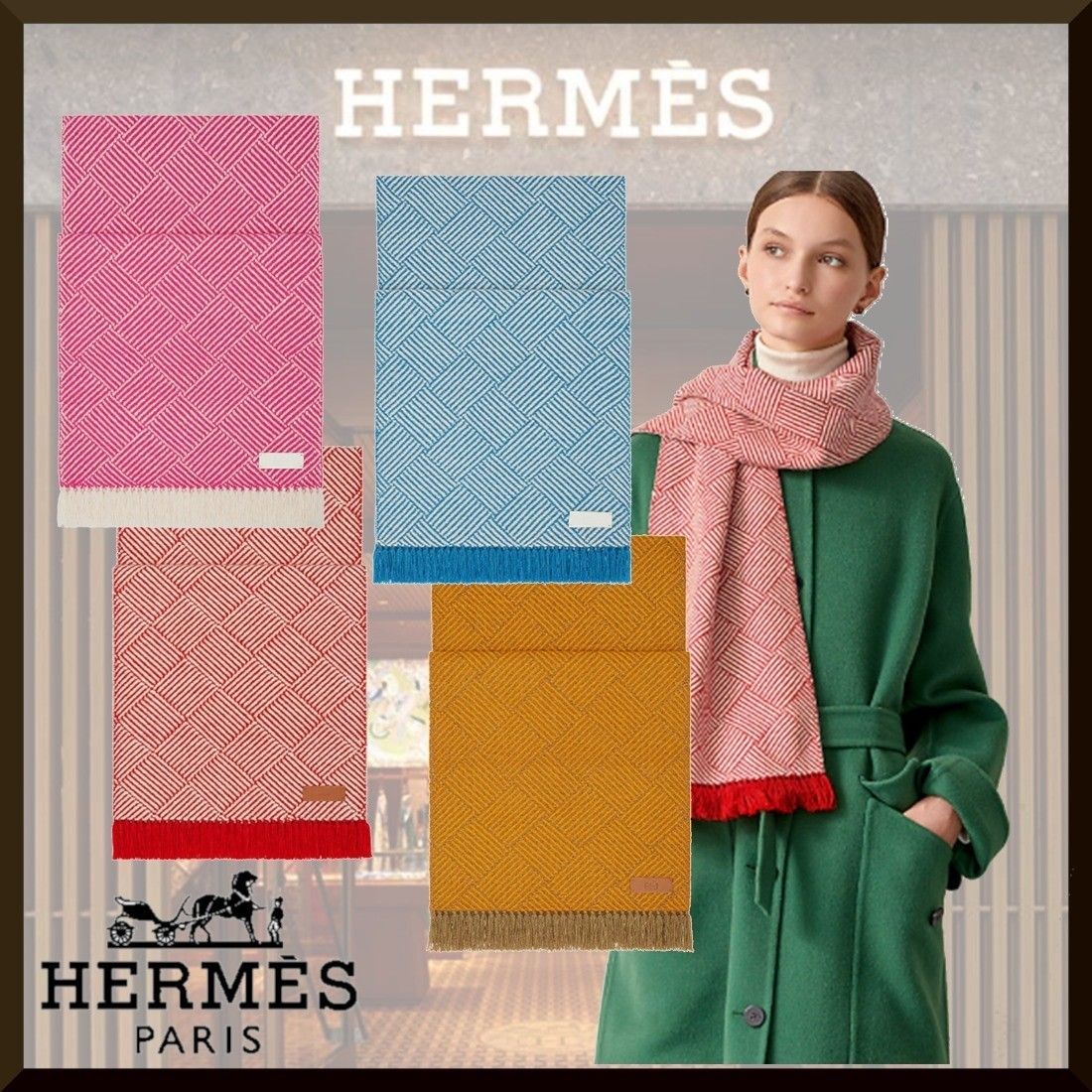 HERMES エルメス タイル織りマフラー カシミア スカーフ レディース
