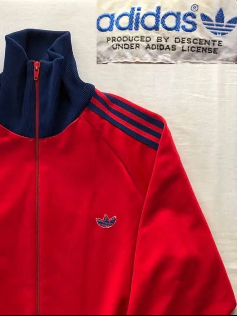 激安！！80年代前期　adidas トラックジャケット デサント ヴィンテージ adidasジャージ 紺 白赤　80s 5号