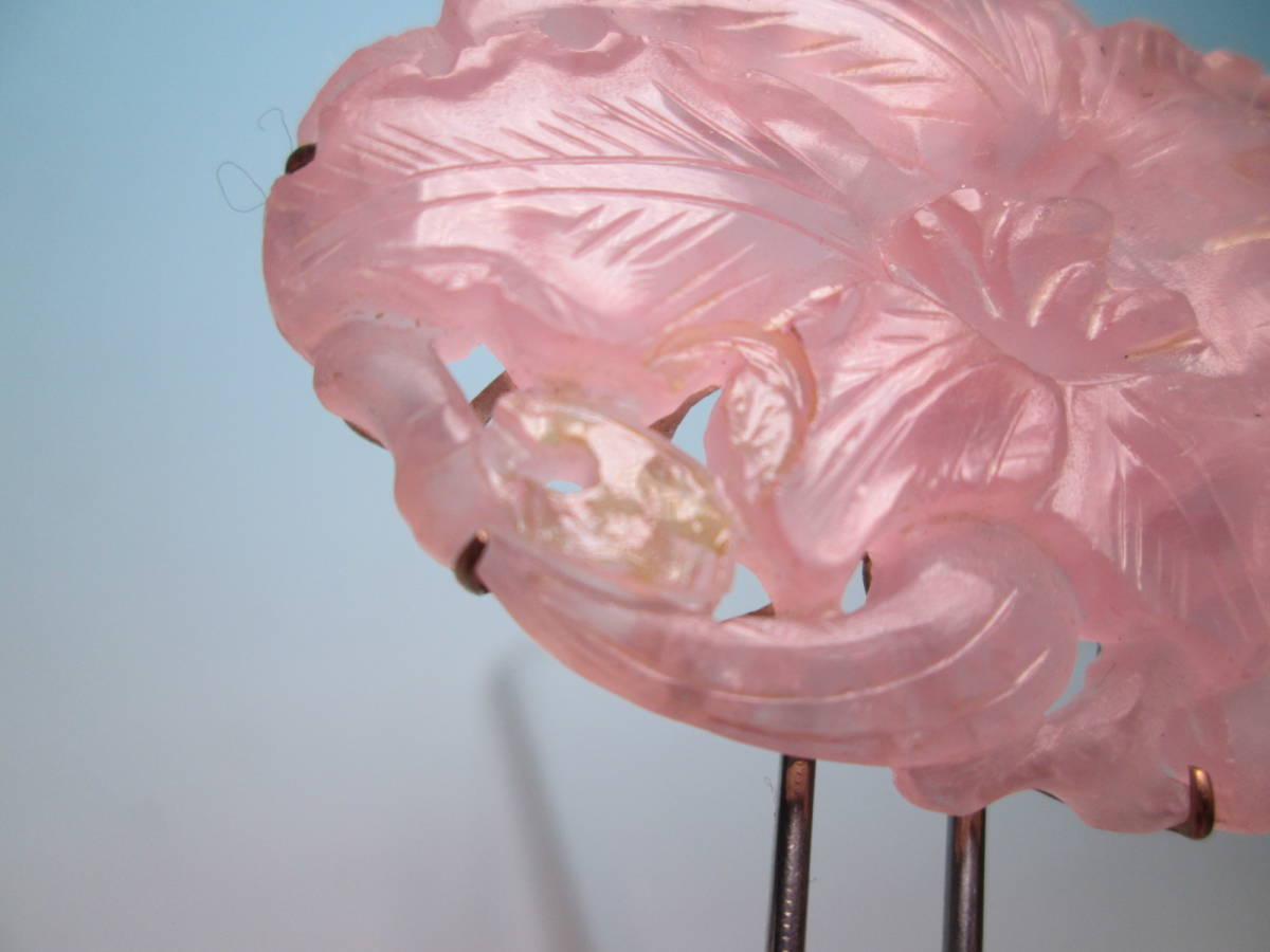 【江月】アンティーク・紅水晶ローズクォーツ花彫刻のかんざし 15,88g_画像10