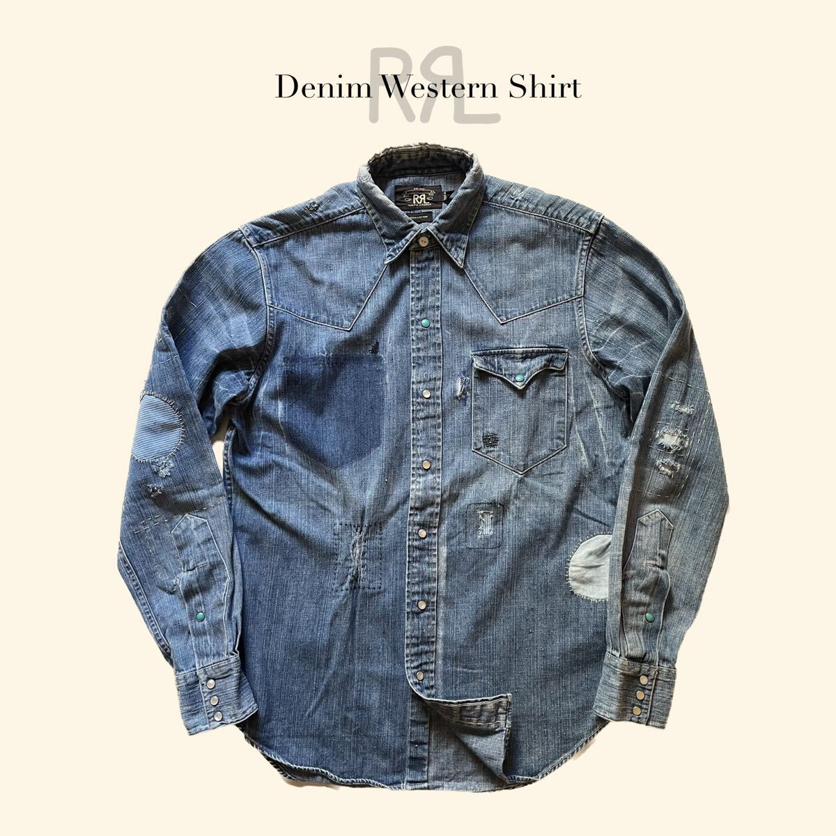 【希少モデル】RRL “Repair Denim Western Shirt” S デニム リペア ウエスタン シャツ ヴィンテージ Ralph Lauren パッチワーク