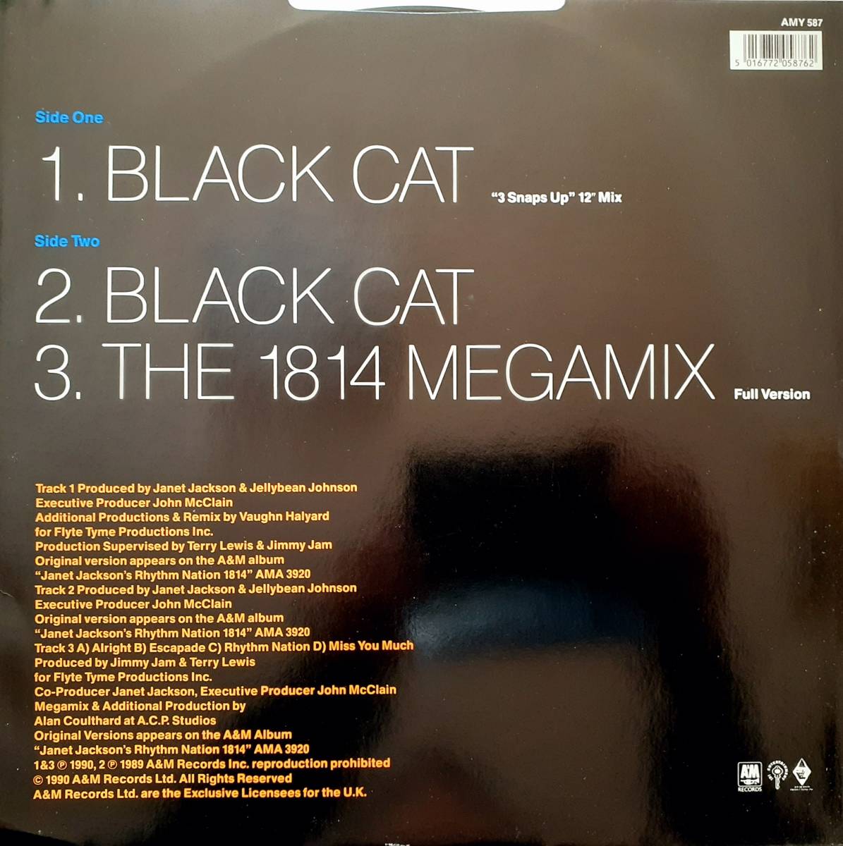 美盤　Janet Jackson　ジャネット・ジャクソン　Black Cat / The 1814 Megamix　UK盤 12” シングルレコード _画像3