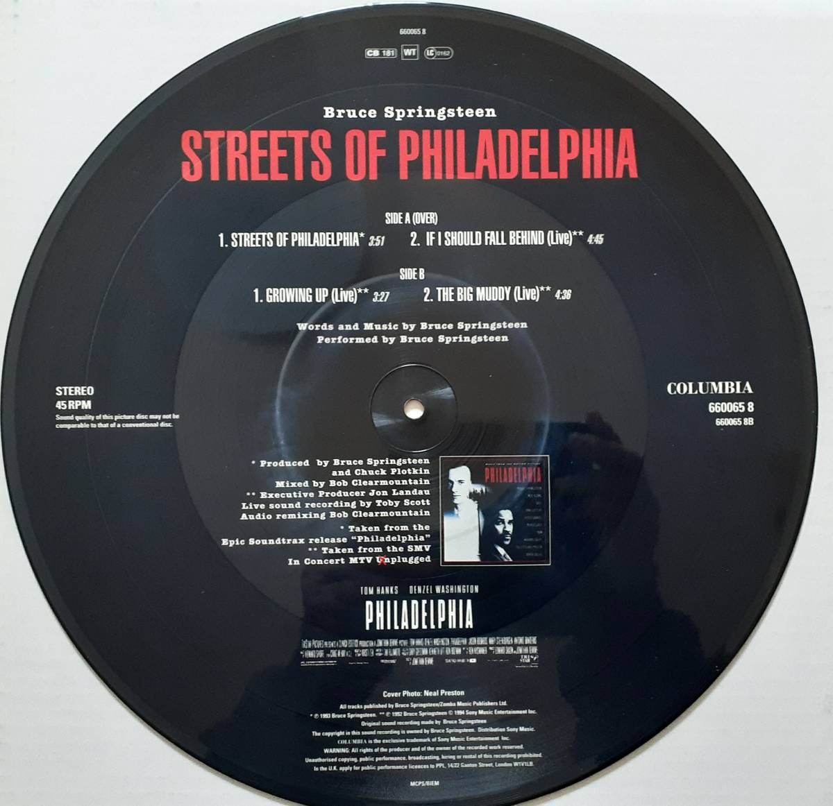 Bruce Springsteen　ブルース・スプリングスティーン　Streets Of Philadelphia 　UK盤 限定 ピクチャーディスク 12”シングルレコード_画像2