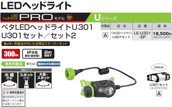 タジマ ペタLEDヘッドライト LE-U301-SP 専用充電池付 新品