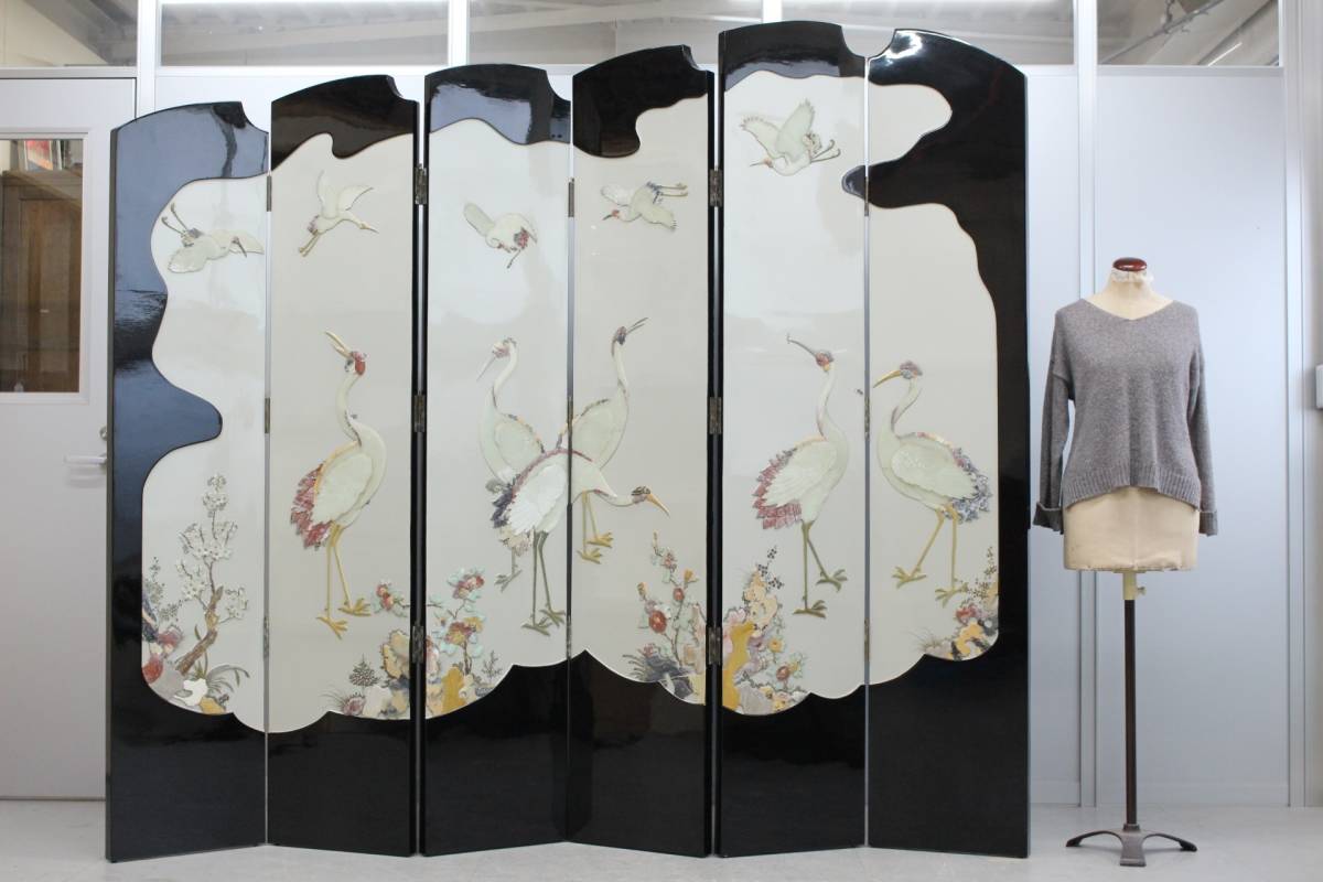 E0041 folding screen * direct receipt only (pick up) partition partitioning screen six bending sphere stone sculpture stone skill divider interior fine art lacquer industrial arts flowers and birds map crane Tokyo departure D0429