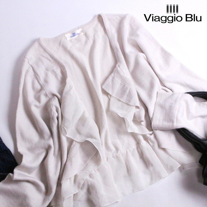 美品 ビアッジョブルー Viaggio Blu ■ 上品 軽やか 飾シフォン ニットカーディガン ウール 春ニット 2 ホワイト 白の画像2