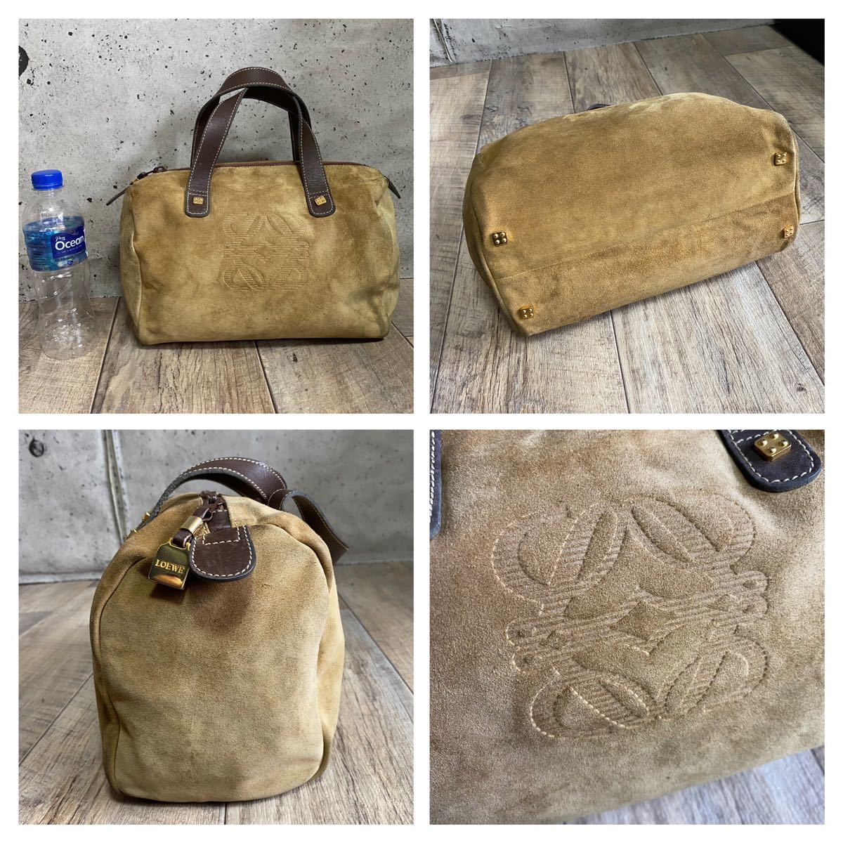 本物 LOEWE ロエベ アナグラム柄 スエード レザー ハンドバッグ アマソナ ベージュ ミニトートバッグ ミニボストンバッグ バッグ オールド