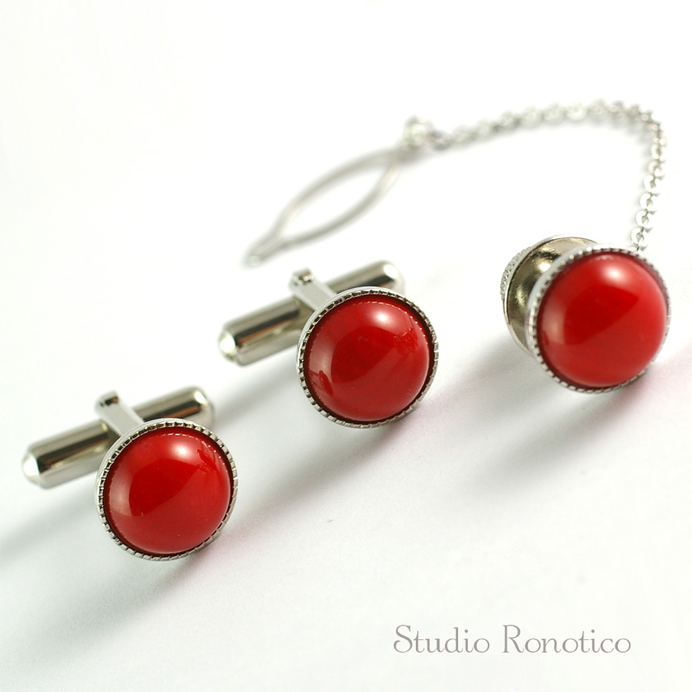 [ronotiko]Ronotico coral red .. natural stone cuffs button tie tack set kf-21