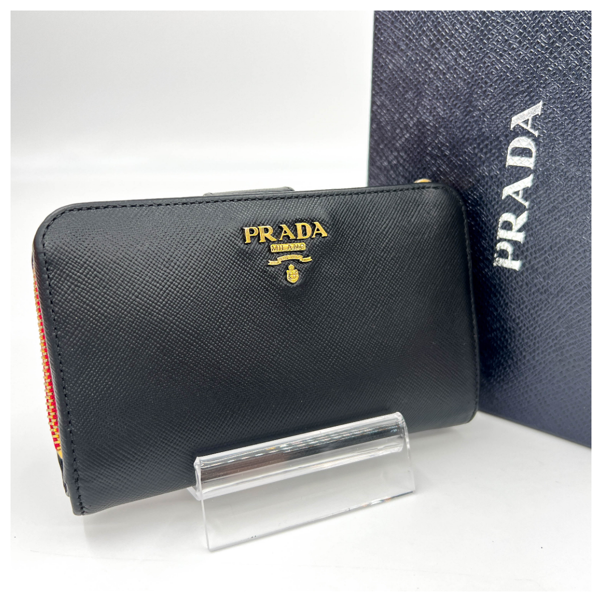 1円～★極美品★2812プラダ　1ML225 　PRADA レザー　二つ折り財布　L字ファスナー　ブラックｘピンク系_画像1