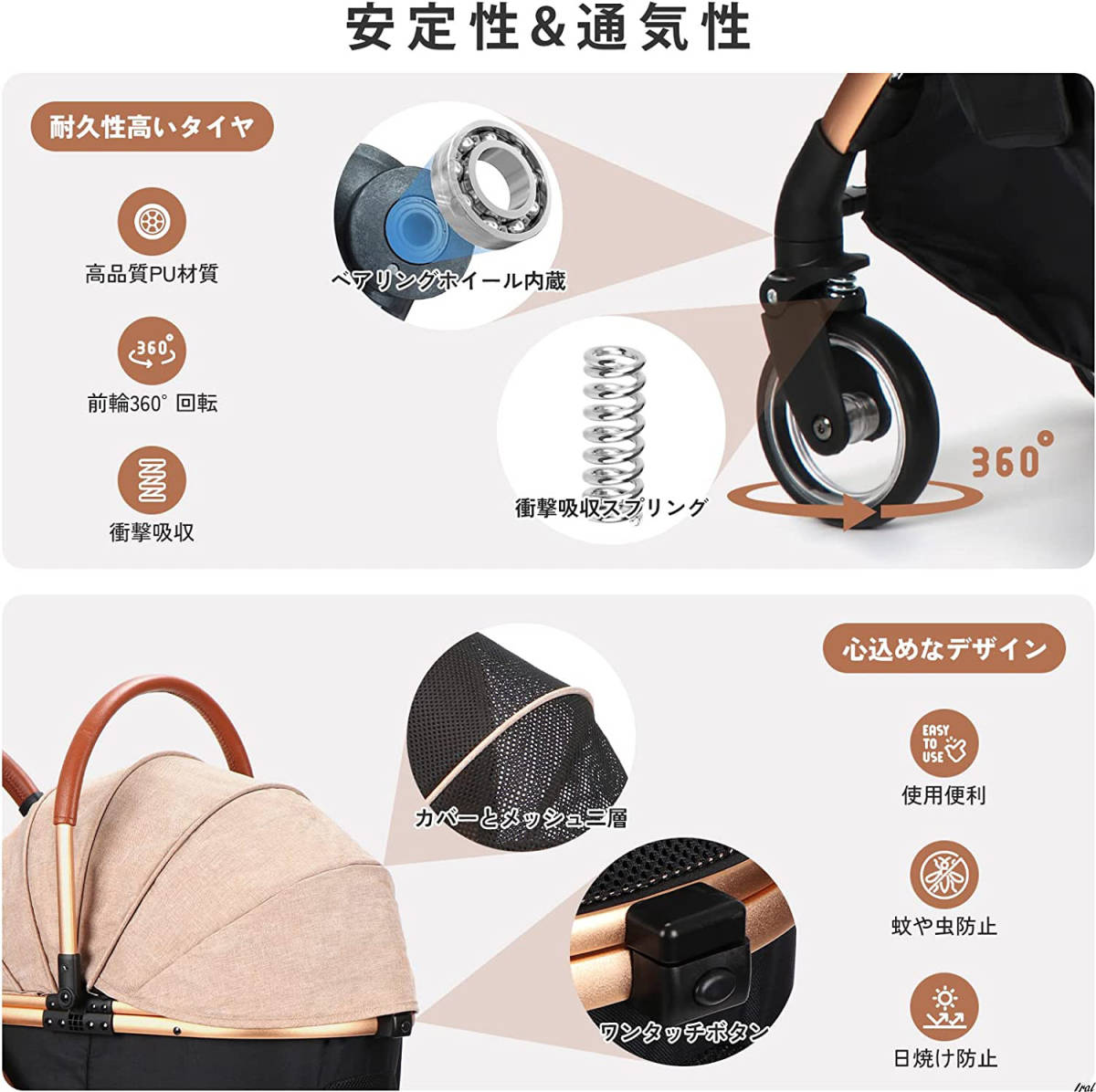 4輪ペットカート 分離型 ペットバギー ワンタッチ 折りたたみ 前輪360
