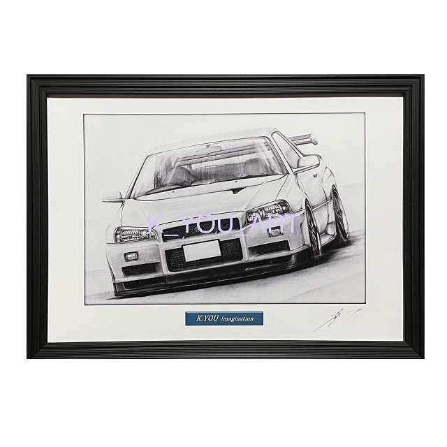  Nissan NISSAN Skyline R34 GTR[ pencil sketch ] famous car old car illustration A4 size amount attaching autographed 