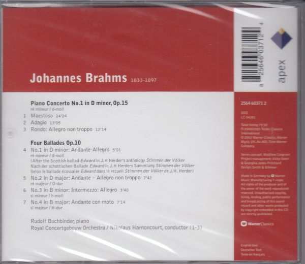 [CD/Apex]ブラームス:ピアノ協奏曲第1番ニ短調Op.15他/R.ブッフビンダー(p)&N.アーノンクール&アムステルダム・コンセルトヘボウ管弦楽団_画像2
