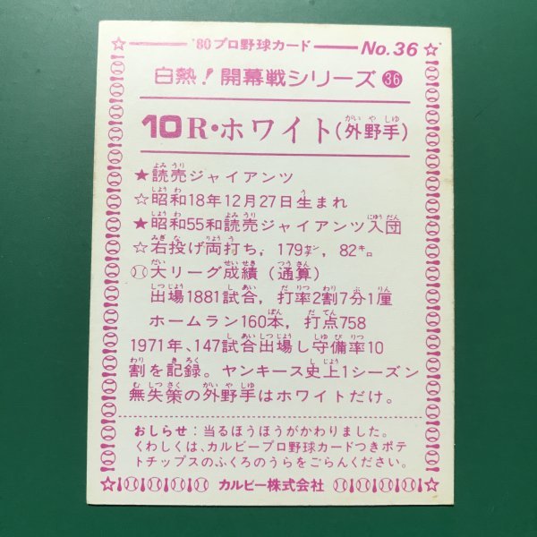 1980年　カルビー　プロ野球カード　80年　36番　白熱！開幕戦シリーズ　巨人　ホワイト　大判　枠あり　【管767】_画像2