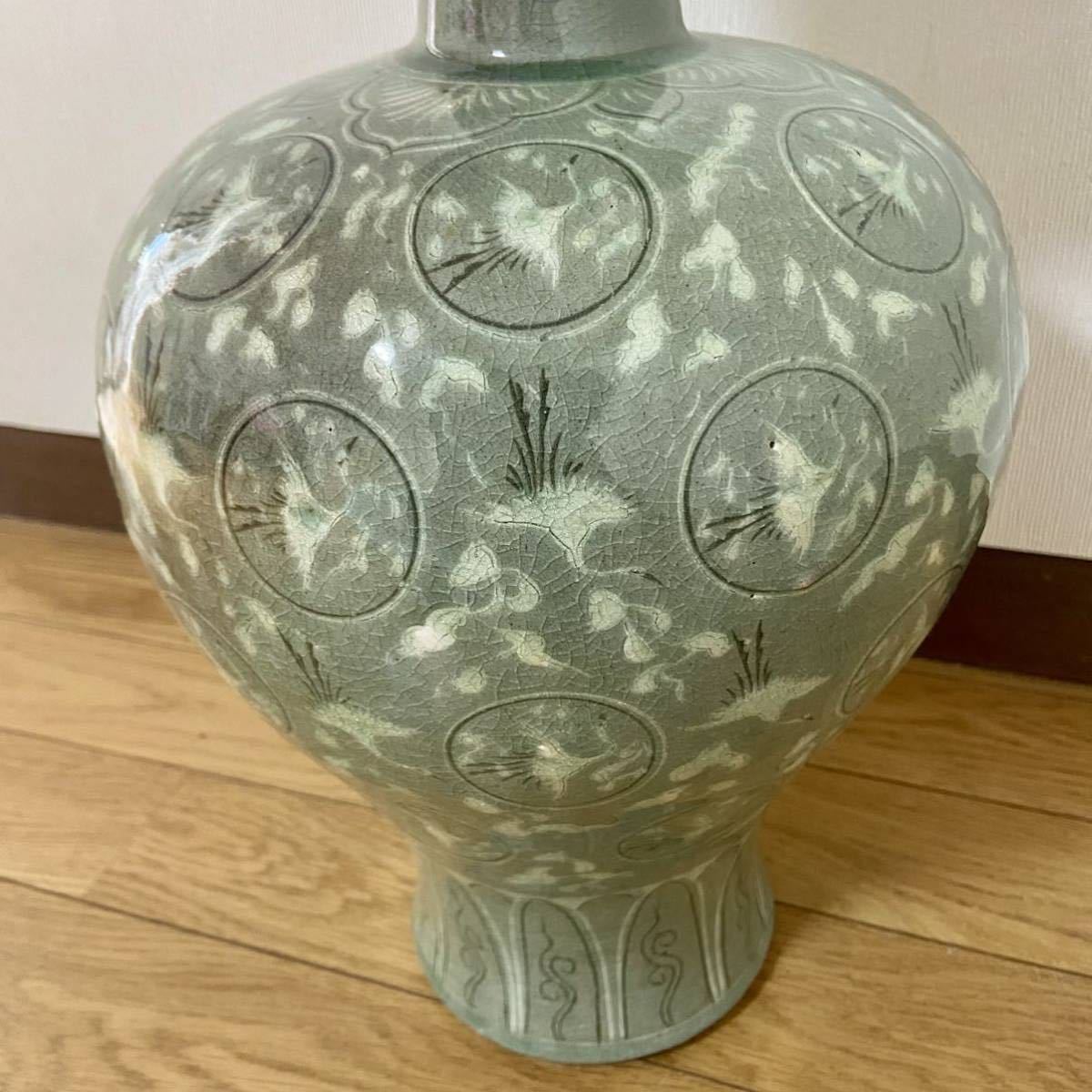 韓国人間国宝 池順鐸作 高麗青磁 雲鶴 共箱 花瓶 高さ約41cm 陶芸