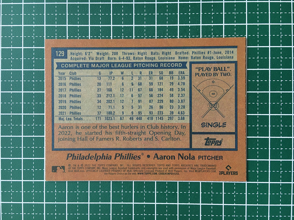 ★TOPPS MLB 2022 ARCHIVES #129 AARON NOLA［PHILADELPHIA PHILLIES］ベースカード「1978 TOPPS」★_画像2