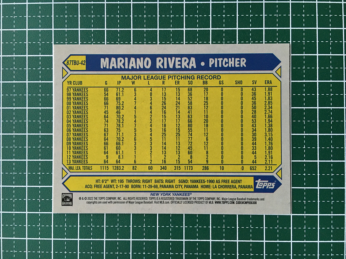 ★TOPPS MLB 2022 UPDATE #87TBU-42 MARIANO RIVERA［NEW YORK YANKEES］インサートカード「1987 TOPPS BASEBALL」★_画像2