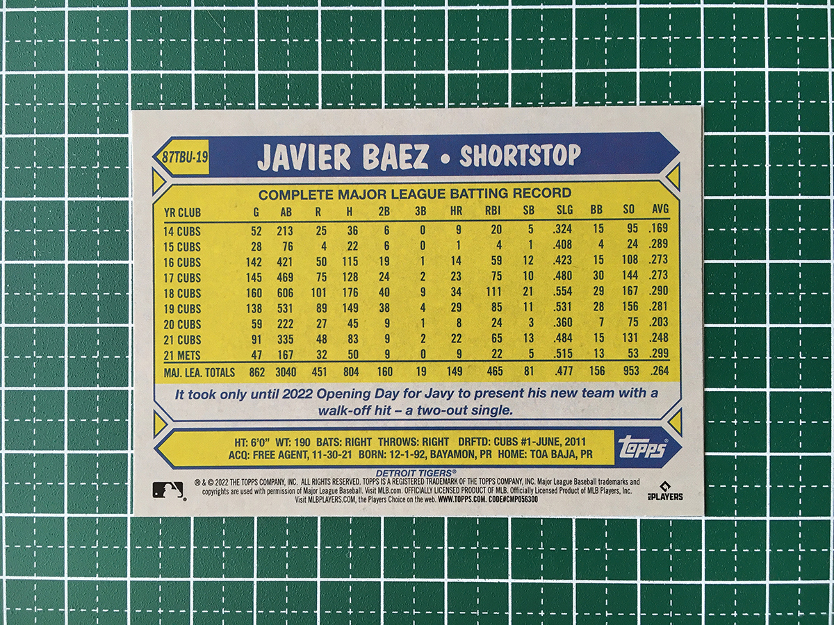 ★TOPPS MLB 2022 UPDATE #87TBU-19 JAVIER BAEZ［DETROIT TIGERS］インサートカード「1987 TOPPS BASEBALL」★_画像2