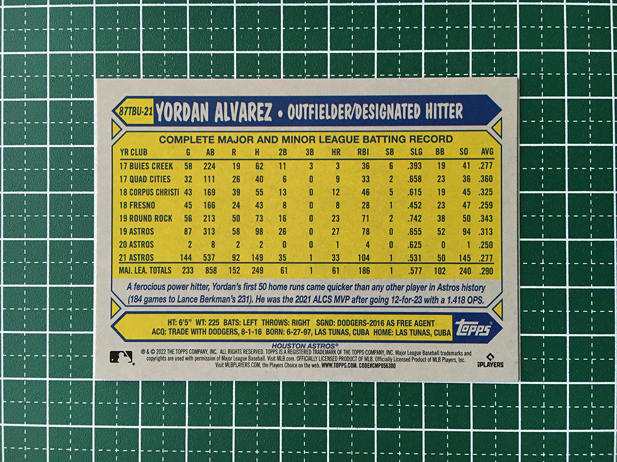 ★TOPPS MLB 2022 UPDATE #87TBU-21 YORDAN ALVAREZ［HOUSTON ASTROS］インサートカード「1987 TOPPS BASEBALL」★_画像2