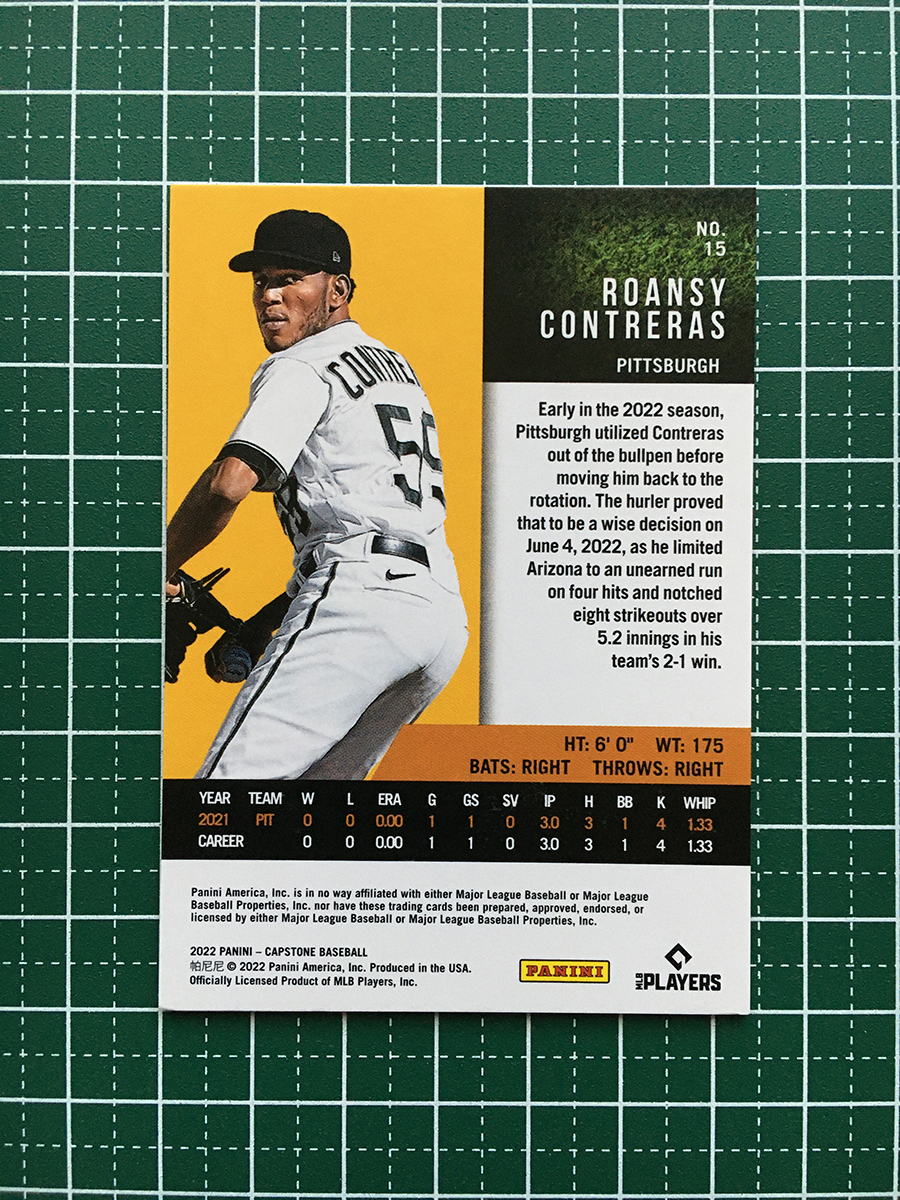 ★PANINI MLB 2022 CAPSTONE #15 ROANSY CONTRERAS［PITTSBURGH PIRATES］ベースカード「BASE」ルーキー「RC」★_画像2