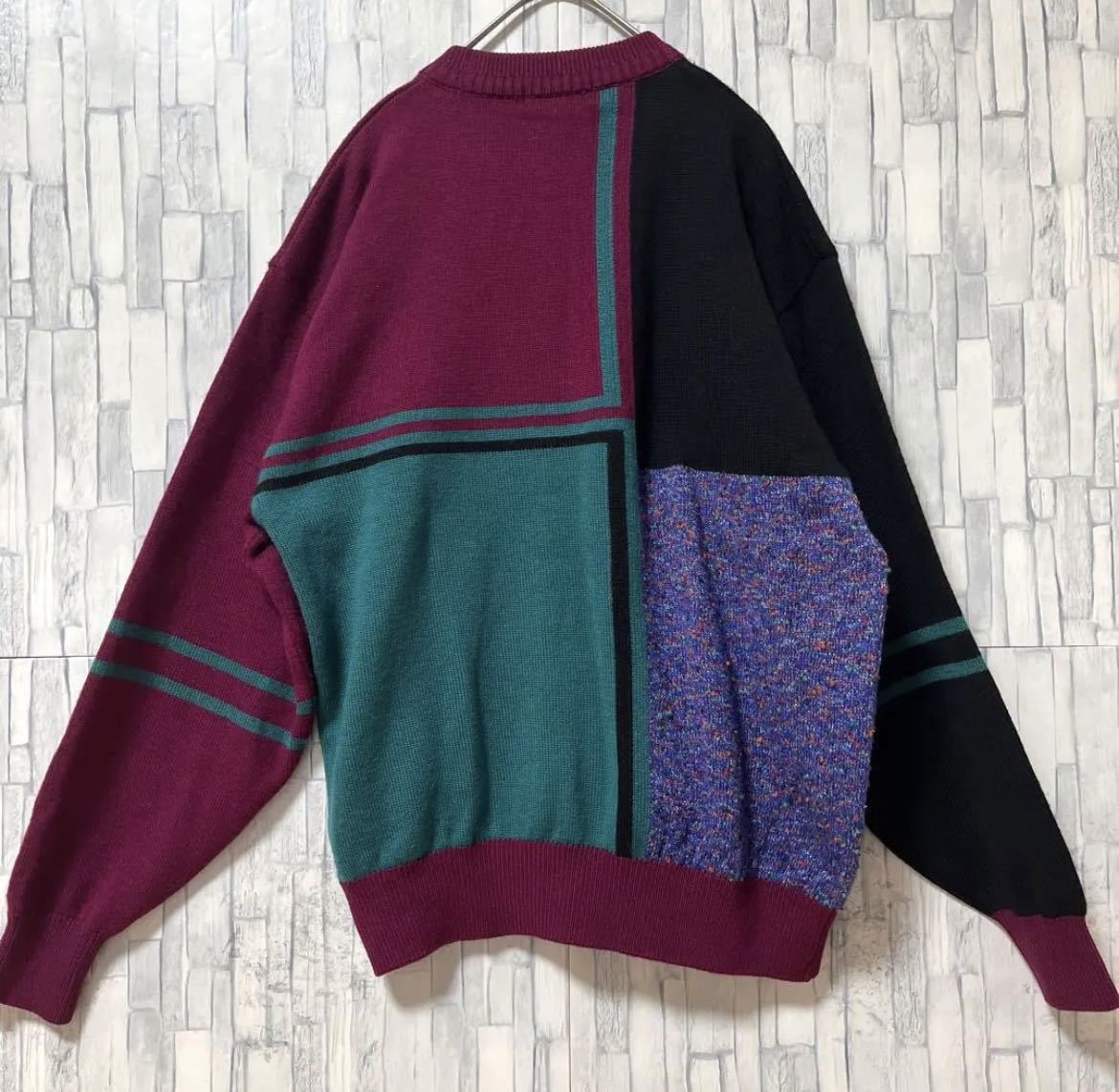 LANCEL ランセル design Knit デザインニット 柄ニット セーター 刺繍ロゴ デカロゴ 長袖 サイズL レトロ ウール マルチカラー 送料無料_画像3