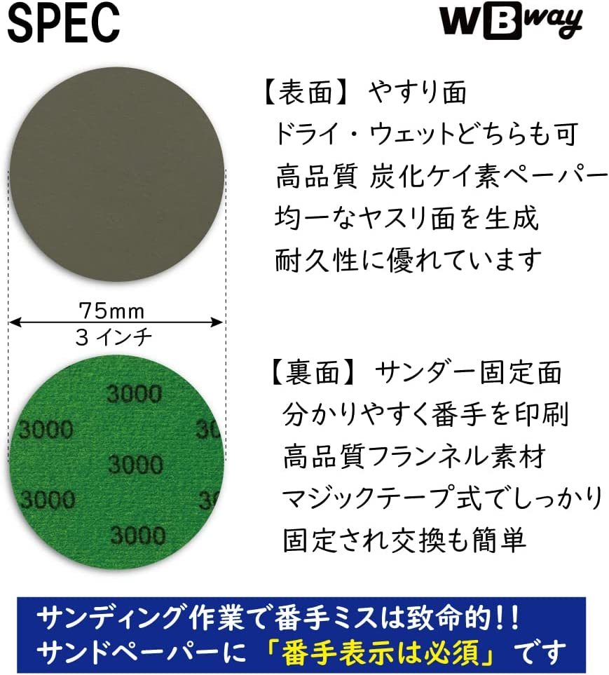 WBway サンドペーパー 耐水ペーパー 丸形 75mm 3インチ 【番手表示あり】 研磨 ディスク 超 鏡面仕上げ 25枚セットの画像2