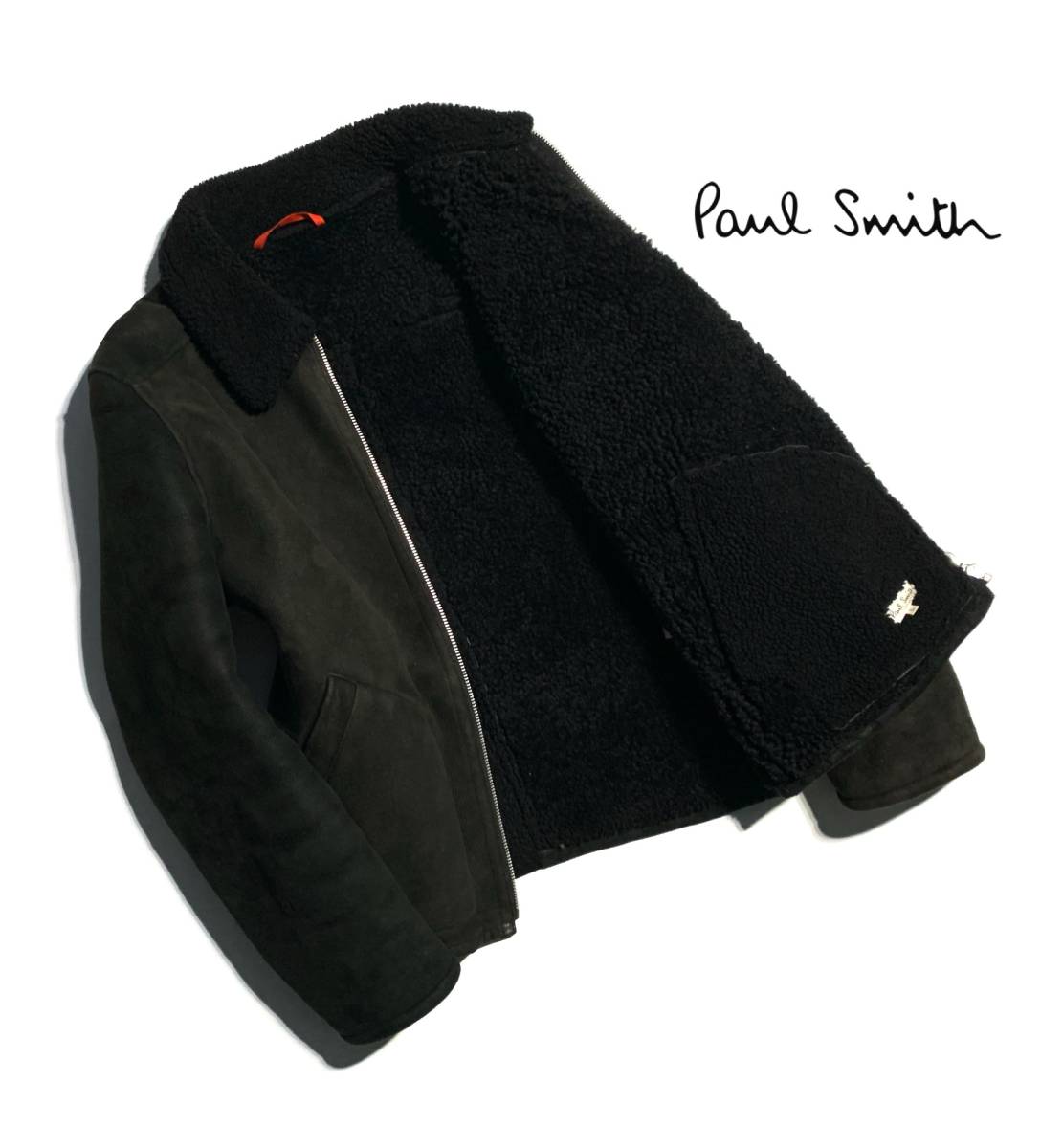 最高級【羊革】Paul Smith LONDON ポールスミス レザージャケット L 羊革 裏ボア メンズ 黒 保温性抜群 ロゴ ジップ ロンドン_画像1