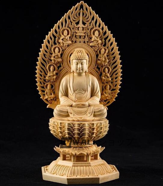 極上品★仏教工芸品精密彫刻　木彫総檜材阿弥陀如来座像 高さ28cm