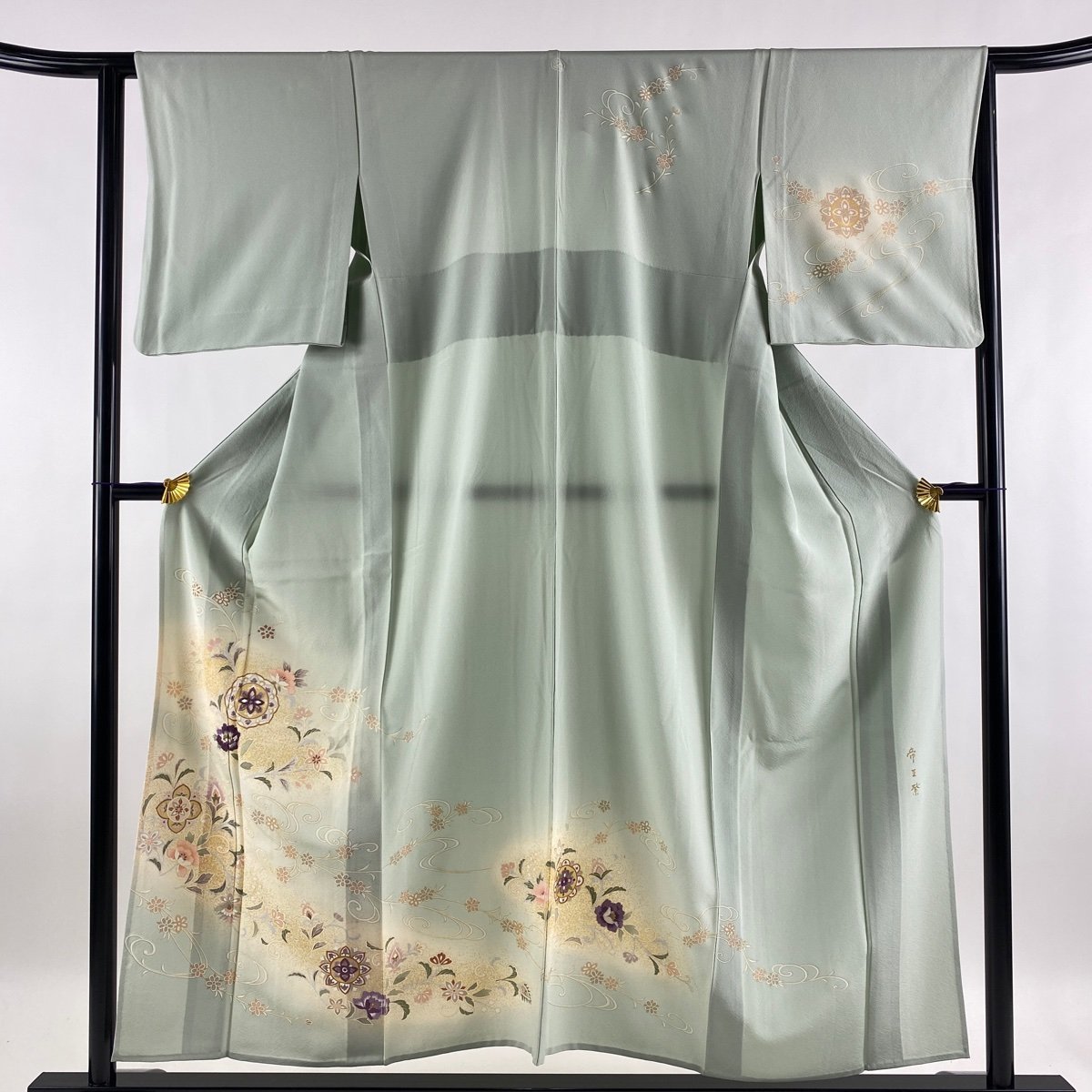 訪問着 逸品 一つ紋 帝王紫 華文 花唐草 刺繍 金彩 薄緑 単衣 身丈 ...