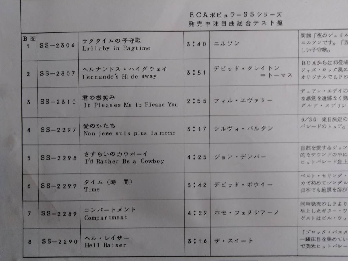 RCA　ポピュラー　ザ・スイート　デビット／ボウイ―　他　昭和48年11月　総合テスト盤　　見本_画像4