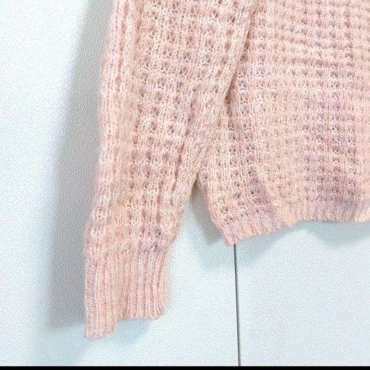今年流行りのピンク ニット セーター girls pocket ガールズポケット アランニット Uネック 長袖 冬春 M かわいい