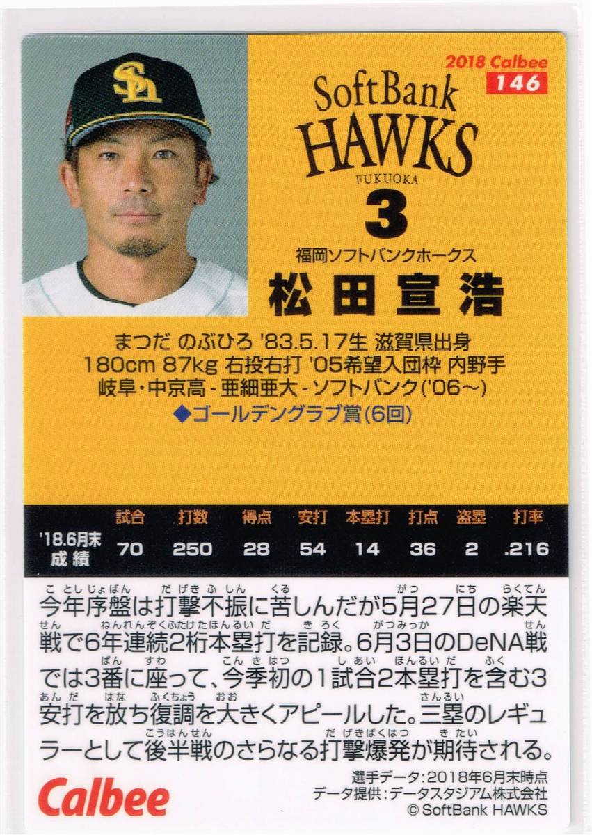 2018 カルビー プロ野球チップス カード 第3弾 #146 福岡ソフトバンクホークス 松田宣浩_裏面