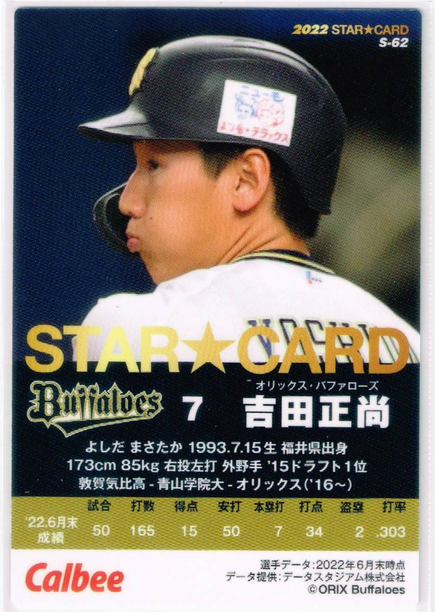 2022 カルビー プロ野球チップス カード 第3弾 スターカード #S-62 オリックス・バファローズ 吉田正尚の画像2