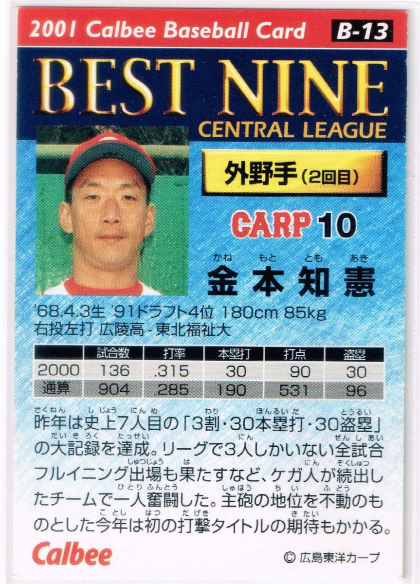 2001 カルビー プロ野球チップス カード ベストナイン #B-13 広島東洋カープ 金本知憲_裏面