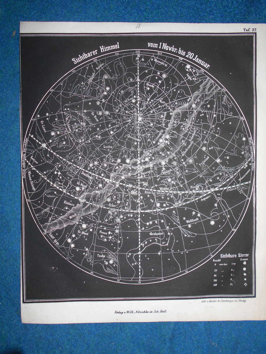 即決1850年頃ドイツ版『スミス図解天文学図27　秋の星座』天文暦学書アンティーク、星図、星座早見盤　Astronomy, Star map, Planisphere