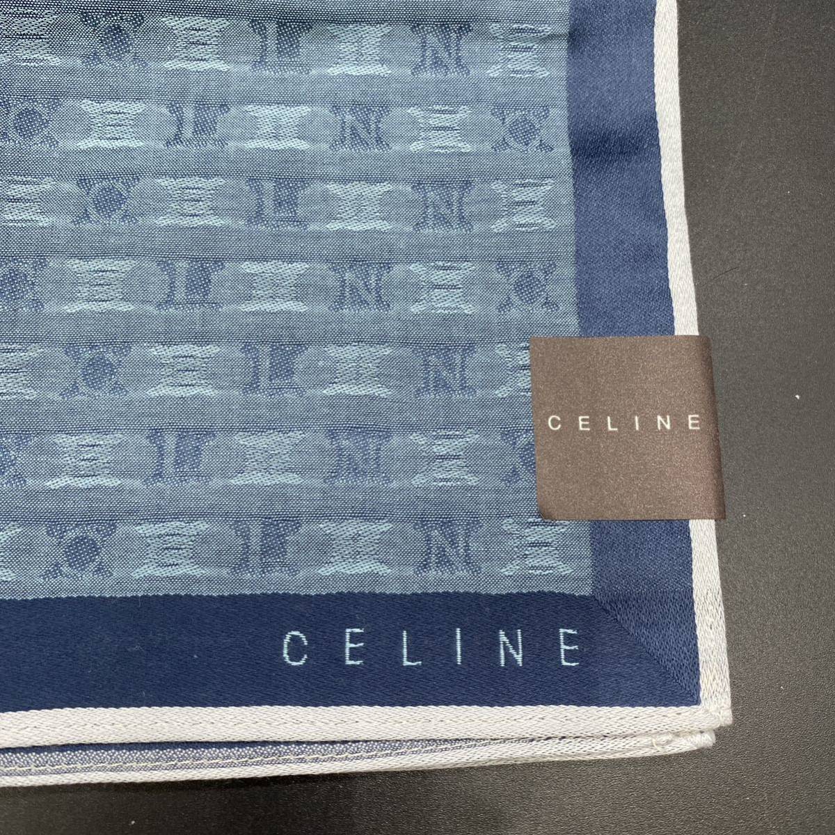 CELINE セリーヌ　ハンカチ　ブルー 　ふちグレー　no.12_画像2