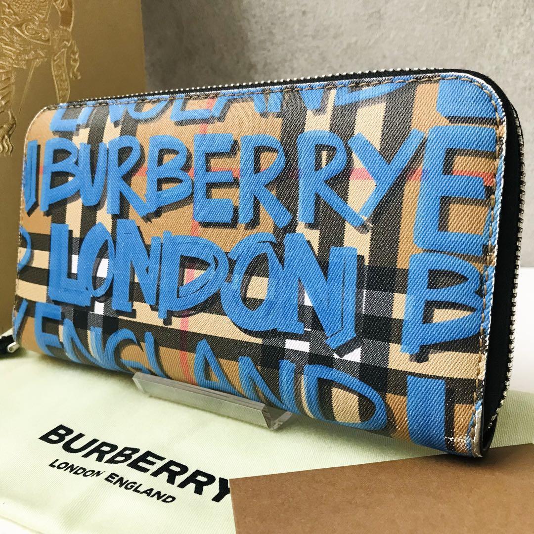 Burberry) バーバリーノバチェック グラフィティ長財布ラウンドジップ-