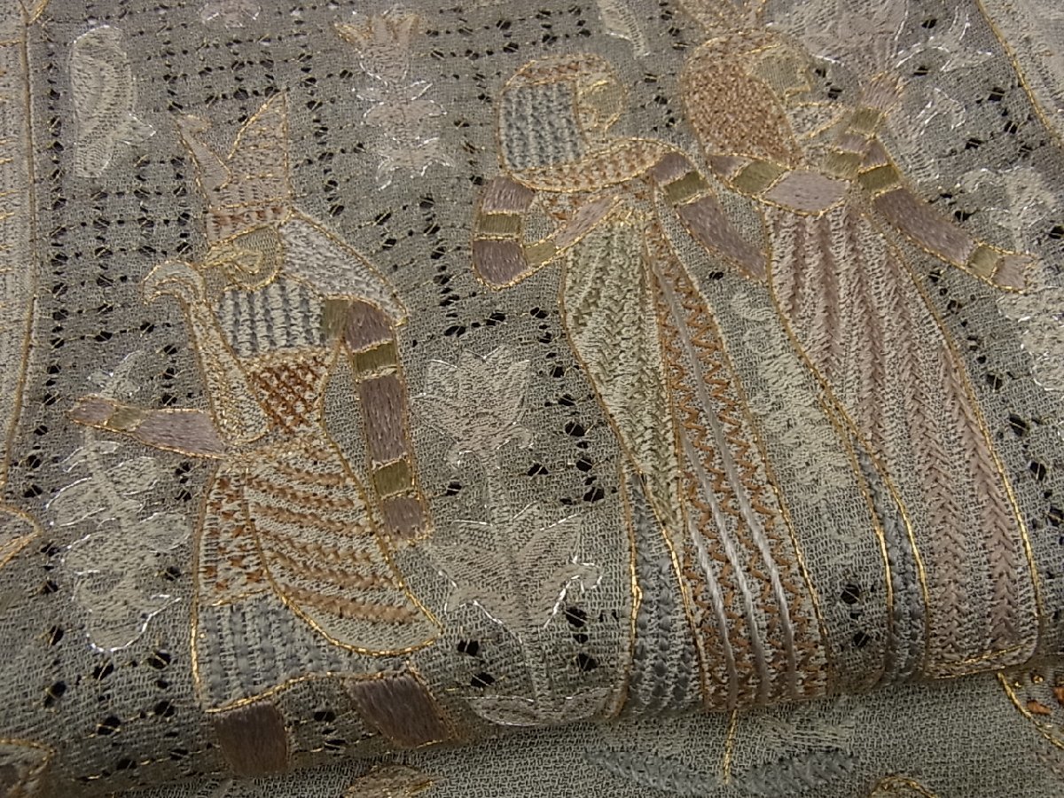 独特な店訪問着 スワトウ刺繍 総刺繍 古代人物壁画文様 金糸 m-2s489